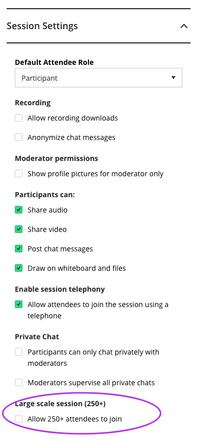 screenshot of collaborate session settings. 