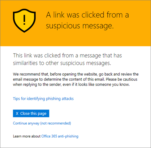 message when a suspicious email link is clicked on